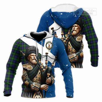 Gordon Tartan Knitted Hoodie with Family Crest Scottish Bagpiper Vibes