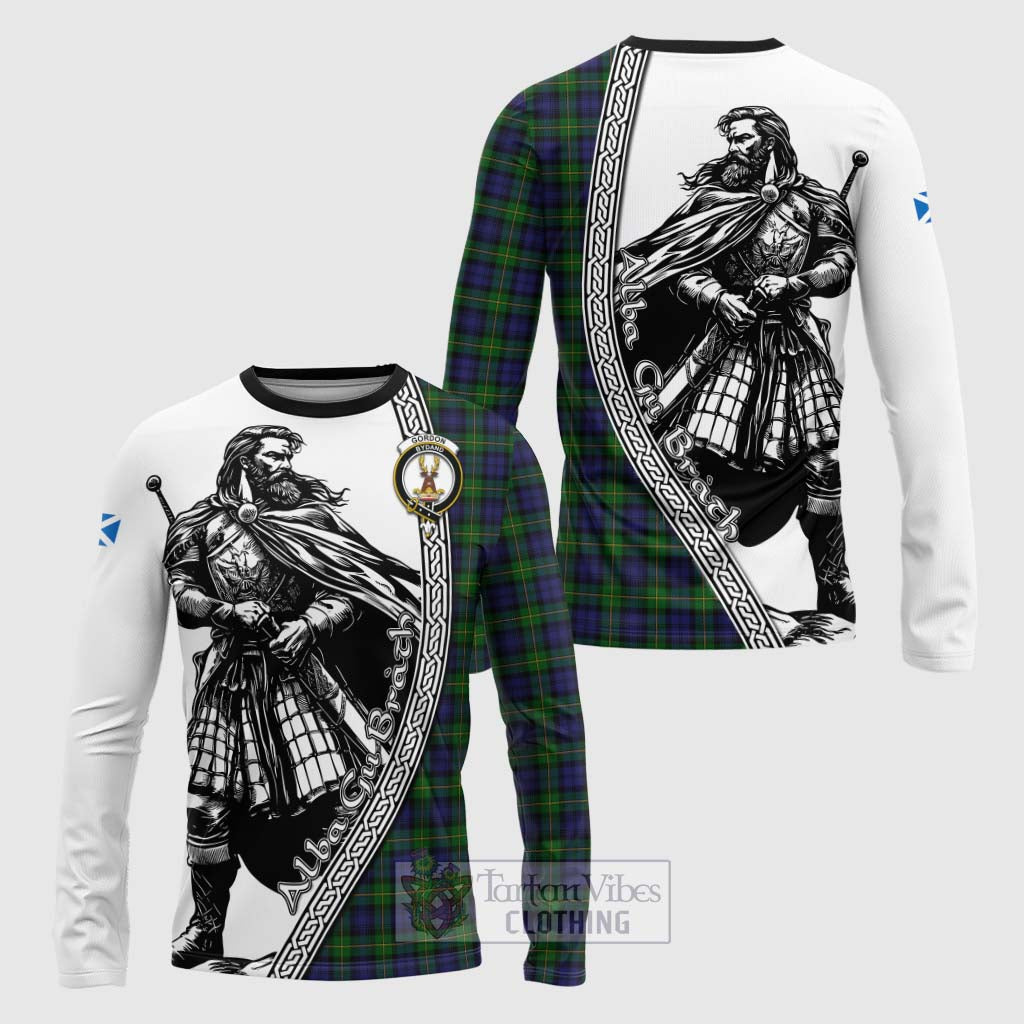 Tartan Vibes Clothing Gordon Tartan Clan Crest Long Sleeve T-Shirt with Highlander Warrior Celtic Style