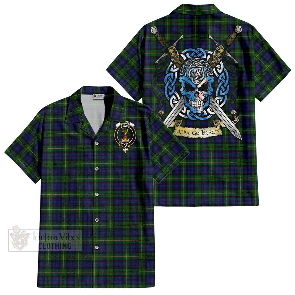 Tartan Vibes Clothing Gordon Tartan Short Sleeve Button Shirt with Family Crest Celtic Skull Style