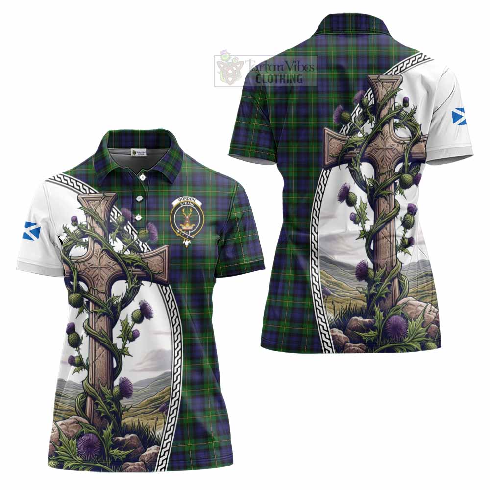 Tartan Vibes Clothing Gordon Tartan Women's Polo Shirt with Family Crest and St. Andrew's Cross Accented by Thistle Vines