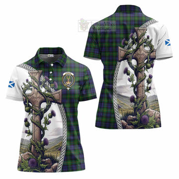 Gordon Tartan Women's Polo Shirt with Family Crest and St. Andrew's Cross Accented by Thistle Vines