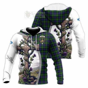 Gordon Tartan Knitted Hoodie with Family Crest and St. Andrew's Cross Accented by Thistle Vines