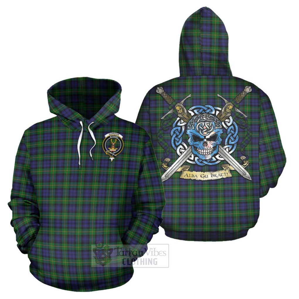 Tartan Vibes Clothing Gordon Tartan Hoodie with Family Crest Celtic Skull Style