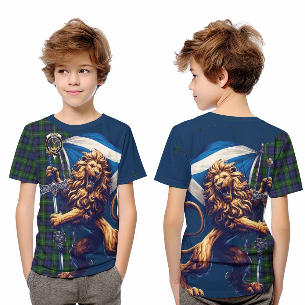 Tartan Vibes Clothing Gordon Tartan Family Crest Kid T-Shirt with Scottish Majestic Lion