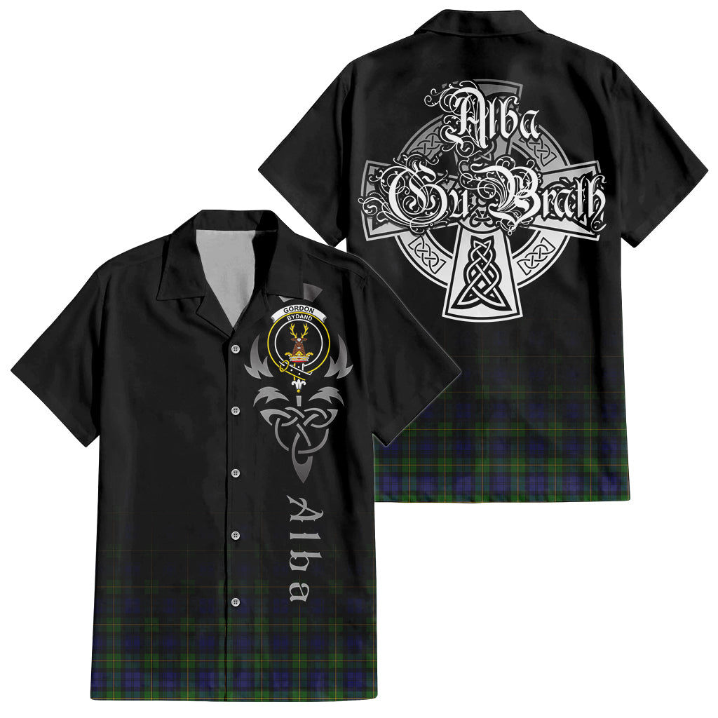 Tartan Vibes Clothing Gordon Tartan Short Sleeve Button Up Featuring Alba Gu Brath Family Crest Celtic Inspired