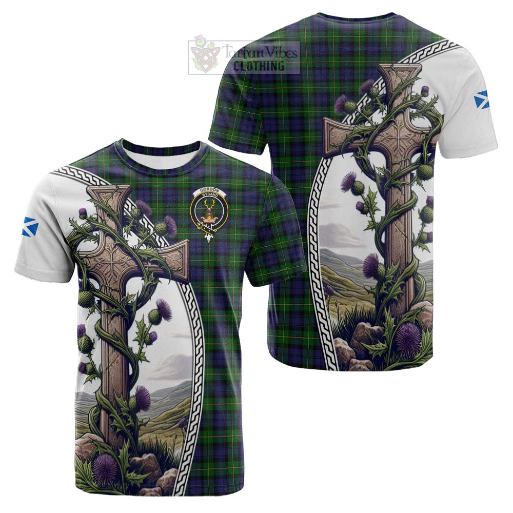 Tartan Vibes Clothing Gordon Tartan Cotton T-shirt with Family Crest and St. Andrew's Cross Accented by Thistle Vines