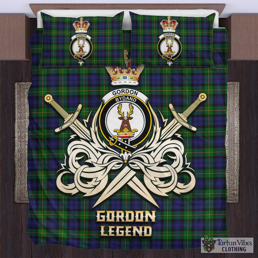 Tartan Vibes Clothing Gordon Tartan Bedding Set with Clan Crest and the Golden Sword of Courageous Legacy