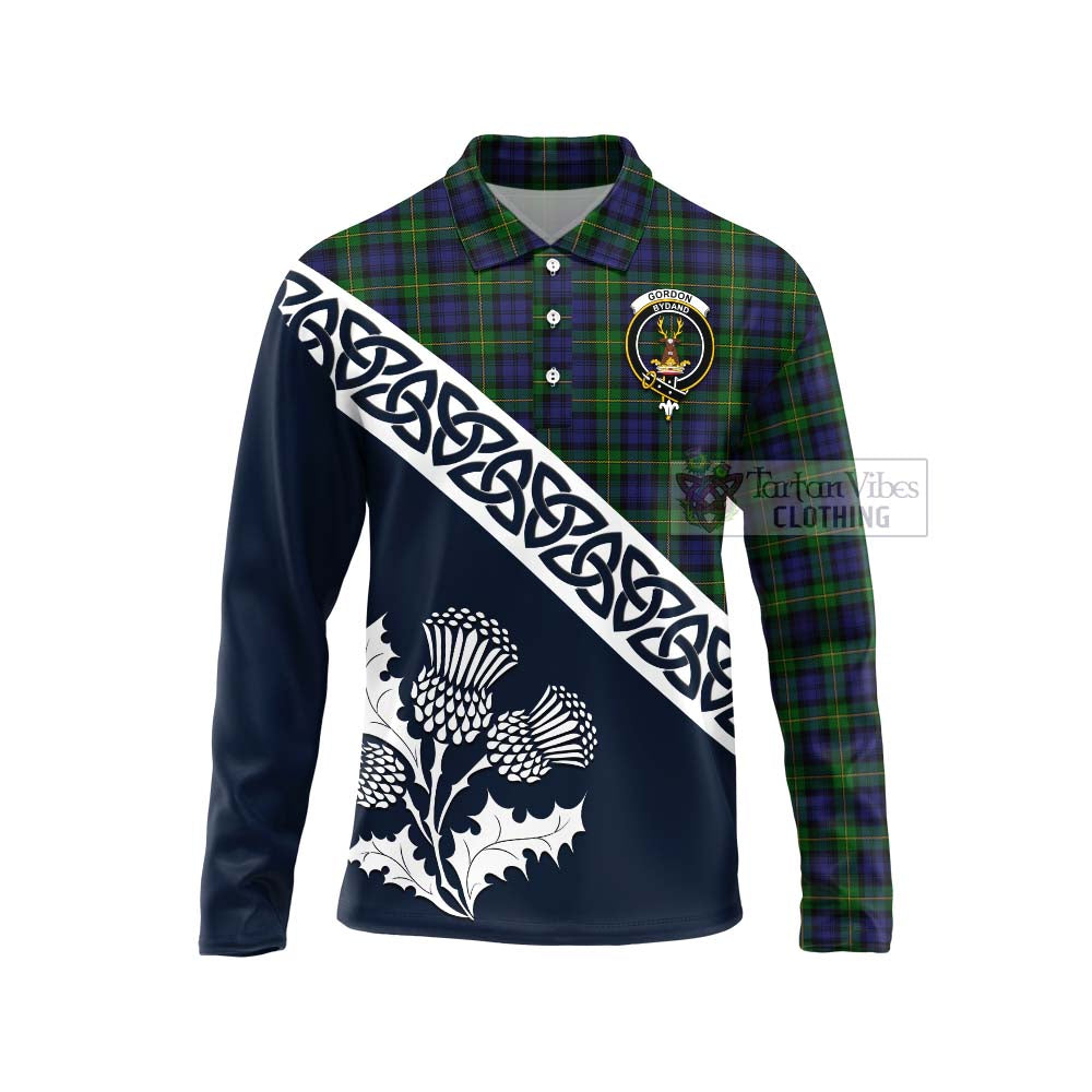 Tartan Vibes Clothing Gordon Tartan Long Sleeve Polo Shirt Featuring Thistle and Scotland Map