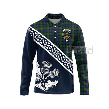 Gordon Tartan Long Sleeve Polo Shirt Featuring Thistle and Scotland Map