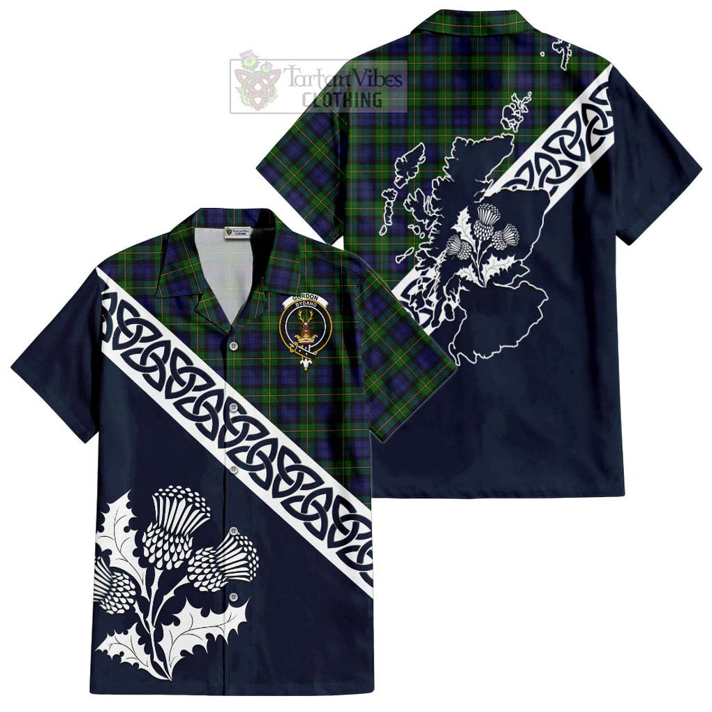 Tartan Vibes Clothing Gordon Tartan Short Sleeve Button Shirt Featuring Thistle and Scotland Map