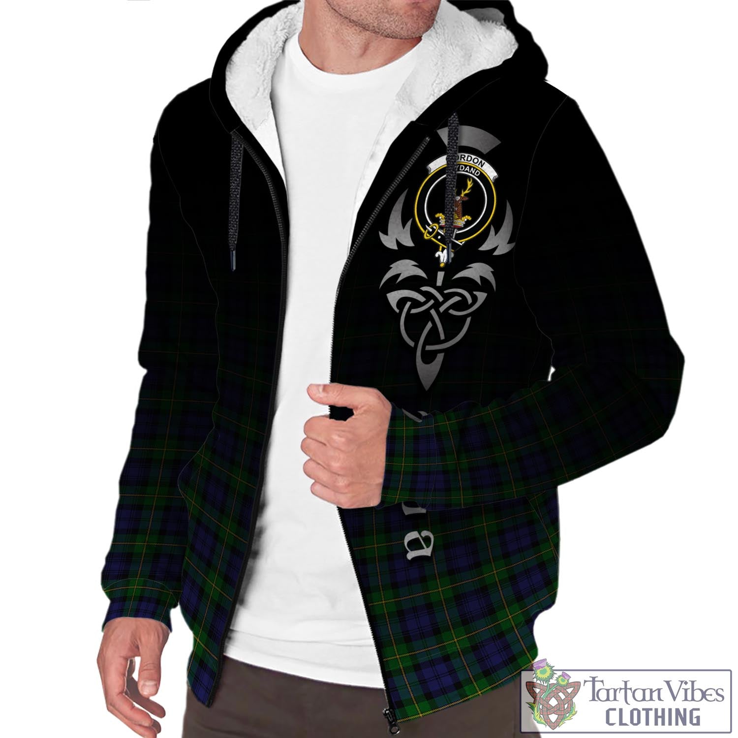 Tartan Vibes Clothing Gordon Tartan Sherpa Hoodie Featuring Alba Gu Brath Family Crest Celtic Inspired