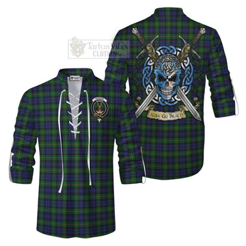 Gordon Tartan Ghillie Kilt Shirt with Family Crest Celtic Skull Style