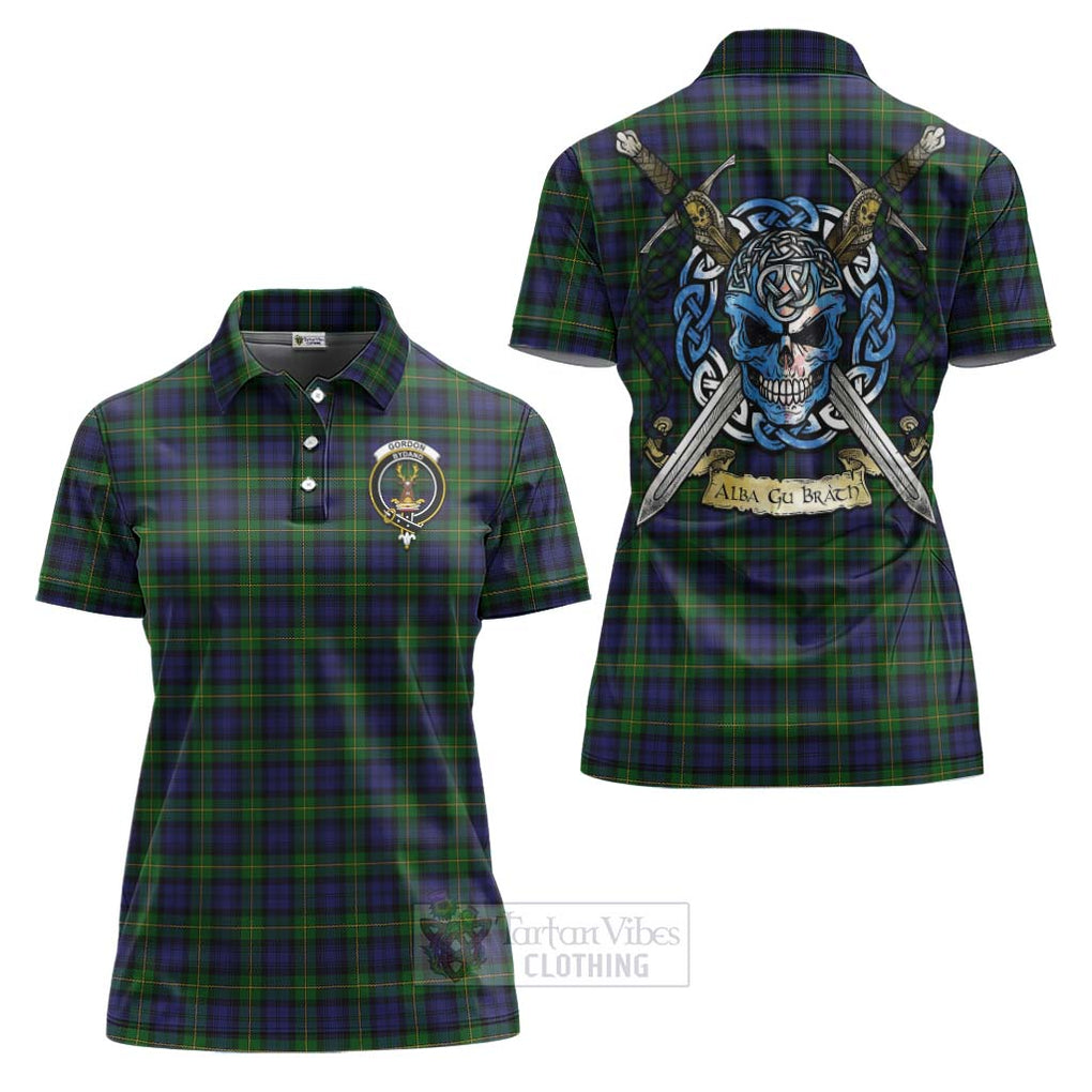 Tartan Vibes Clothing Gordon Tartan Women's Polo Shirt with Family Crest Celtic Skull Style