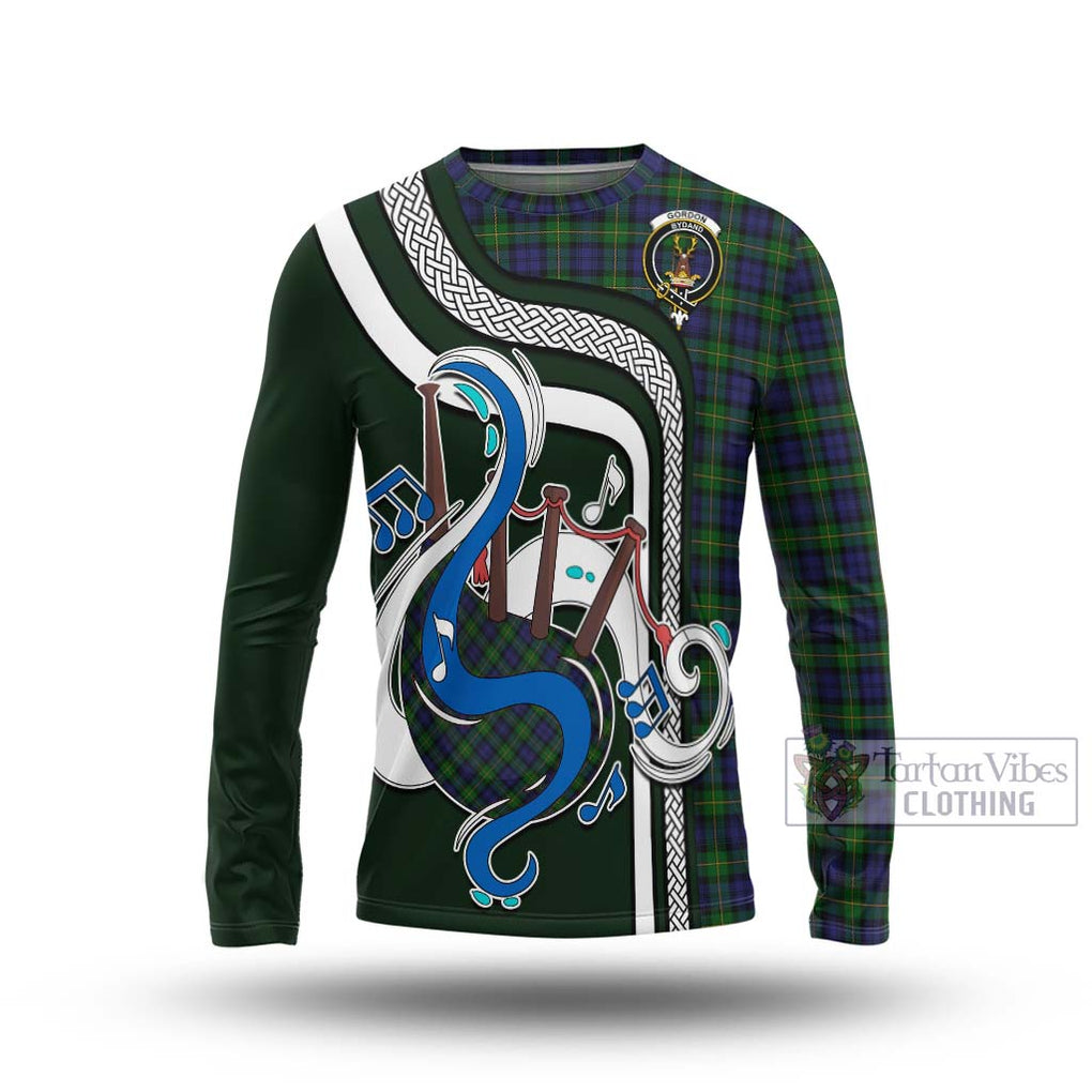 Tartan Vibes Clothing Gordon Tartan Long Sleeve T-Shirt with Epic Bagpipe Style