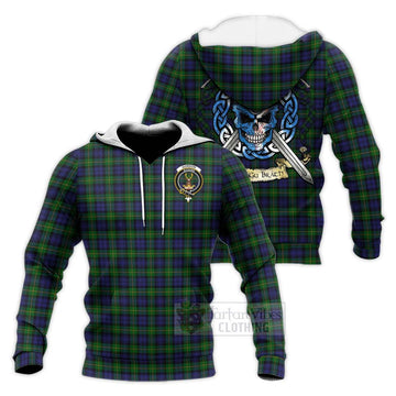 Gordon Tartan Knitted Hoodie with Family Crest Celtic Skull Style