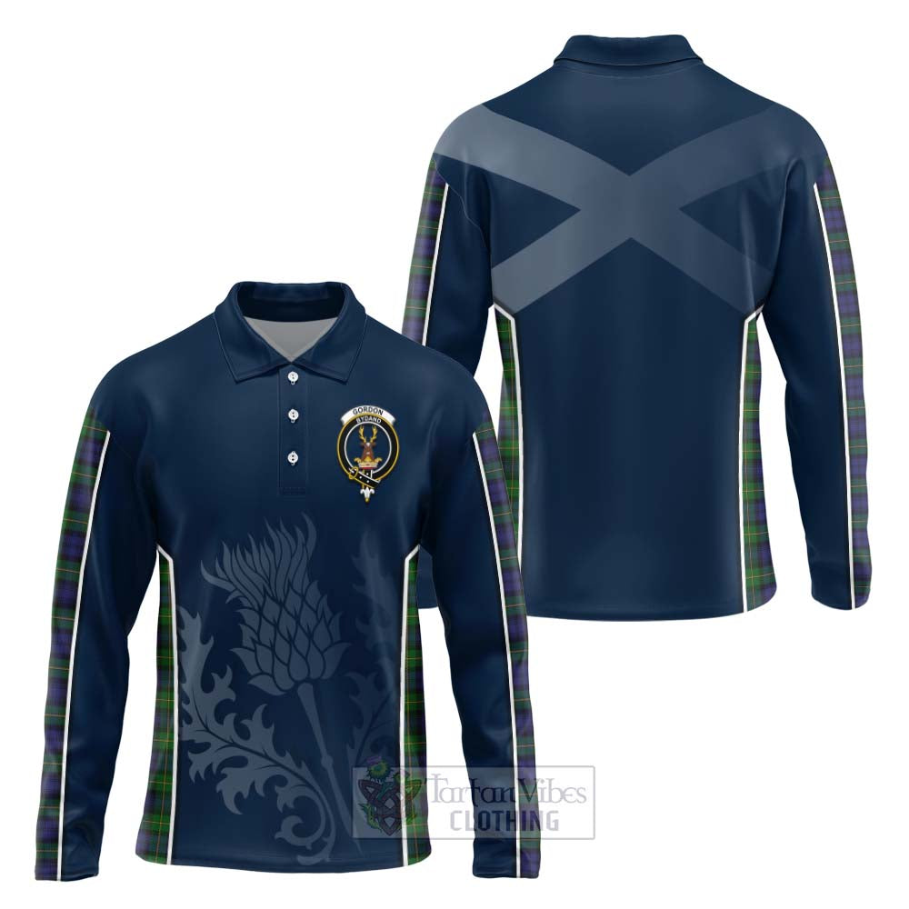 Tartan Vibes Clothing Gordon Tartan Long Sleeve Polo Shirt with Family Crest and Scottish Thistle Vibes Sport Style