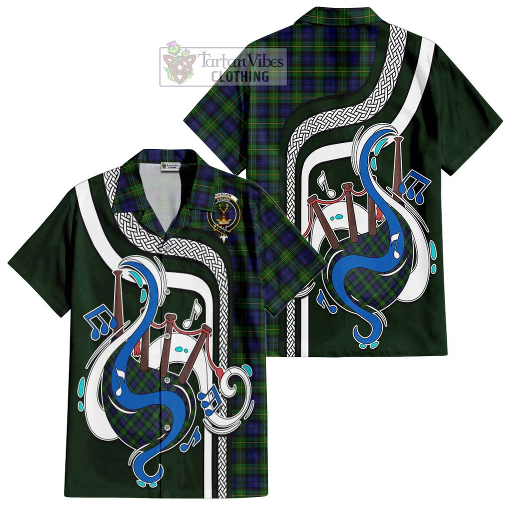 Gordon Tartan Short Sleeve Button Shirt with Epic Bagpipe Style Kid - Tartanvibesclothing Shop