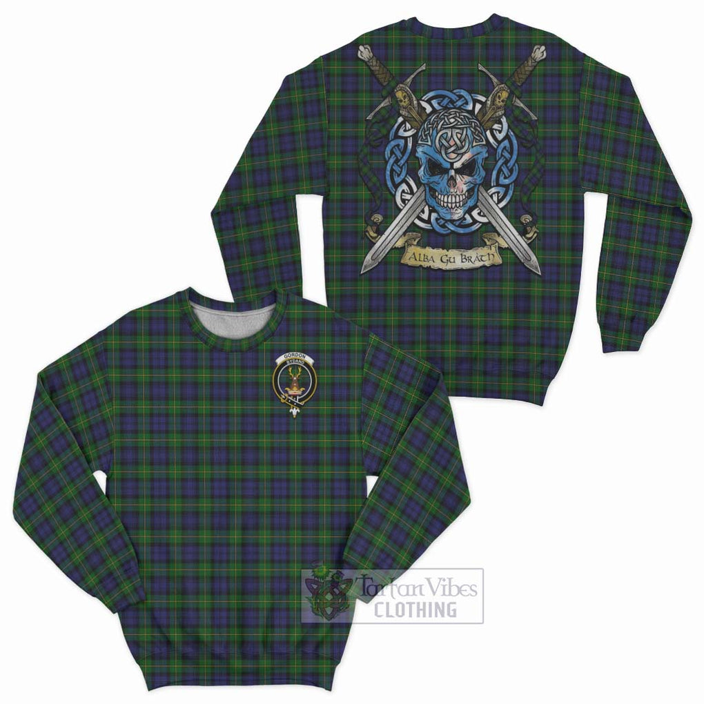 Tartan Vibes Clothing Gordon Tartan Sweatshirt with Family Crest Celtic Skull Style