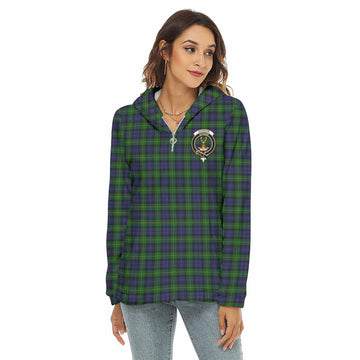 Gordon Tartan Women's Borg Fleece Hoodie with Half Zip with Family Crest Female - Tartan Vibes Clothing