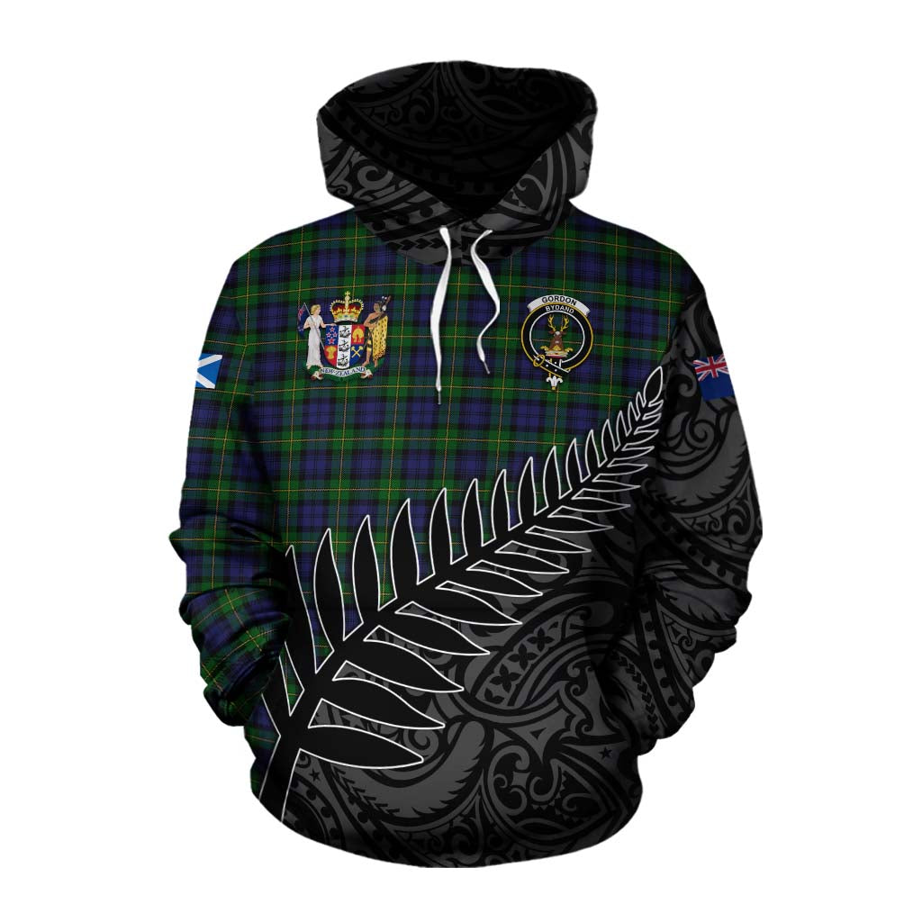 Tartan Vibes Clothing Gordon Crest Tartan Cotton Hoodie with New Zealand Silver Fern Half Style