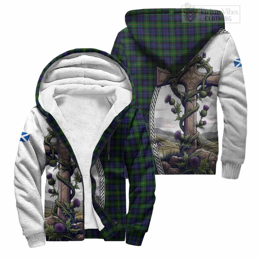 Tartan Vibes Clothing Gordon Tartan Sherpa Hoodie with Family Crest and St. Andrew's Cross Accented by Thistle Vines