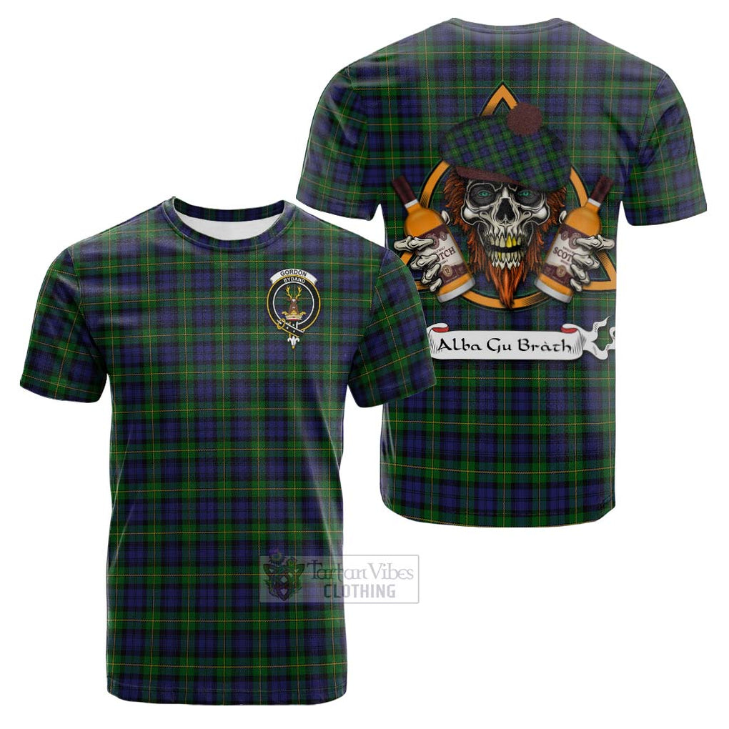 Tartan Vibes Clothing Gordon Tartan Cotton T-shirt with Family Crest and Bearded Skull Holding Bottles of Whiskey