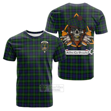 Gordon Tartan Cotton T-shirt with Family Crest and Bearded Skull Holding Bottles of Whiskey