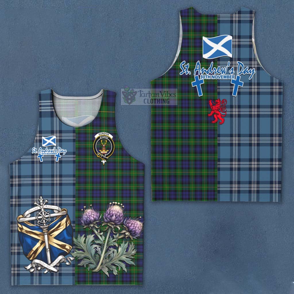 Tartan Vibes Clothing Gordon Tartan Men's Tank Top Happy St. Andrew's Day Half Tartan Style