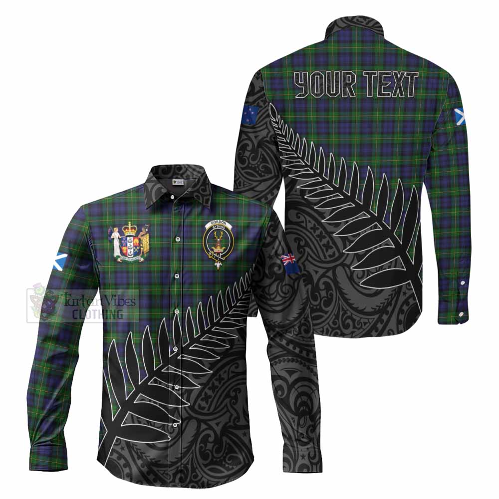 Tartan Vibes Clothing Gordon Crest Tartan Long Sleeve Button Shirt with New Zealand Silver Fern Half Style