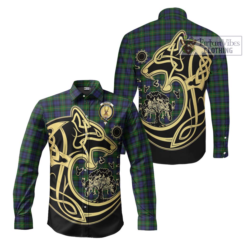 Gordon Tartan Long Sleeve Button Shirt with Family Crest Celtic Wolf Style Men's Shirt S - Tartan Vibes Clothing