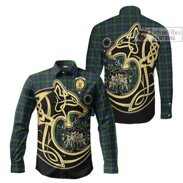 Gordon Tartan Long Sleeve Button Shirt with Family Crest Celtic Wolf Style