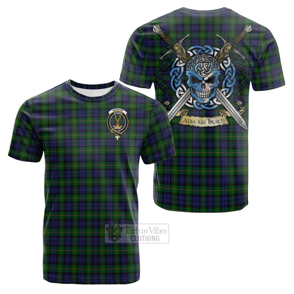 Tartan Vibes Clothing Gordon Tartan Cotton T-shirt with Family Crest Celtic Skull Style