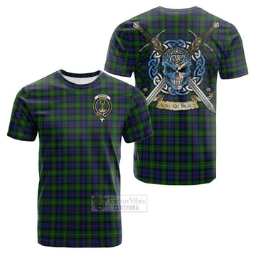 Gordon Tartan Cotton T-shirt with Family Crest Celtic Skull Style