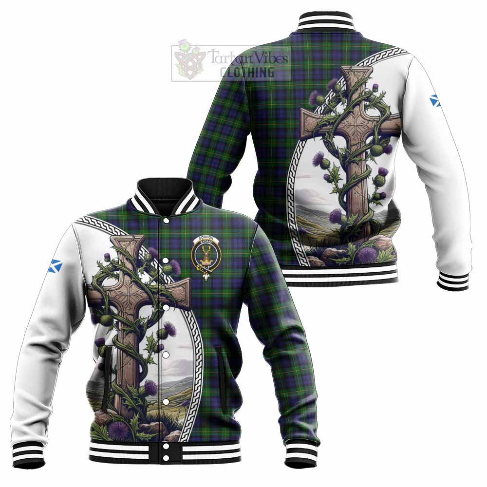 Tartan Vibes Clothing Gordon Tartan Baseball Jacket with Family Crest and St. Andrew's Cross Accented by Thistle Vines