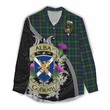 Gordon Tartan Family Crest Women's Casual Shirt Lion Rampant Royal Thistle Shield Celtic Inspired Female - Tartan Vibes Clothing