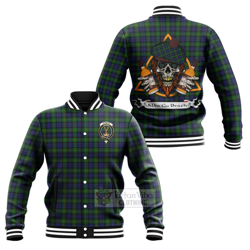 Tartan Vibes Clothing Gordon Tartan Baseball Jacket with Family Crest and Bearded Skull Holding Bottles of Whiskey