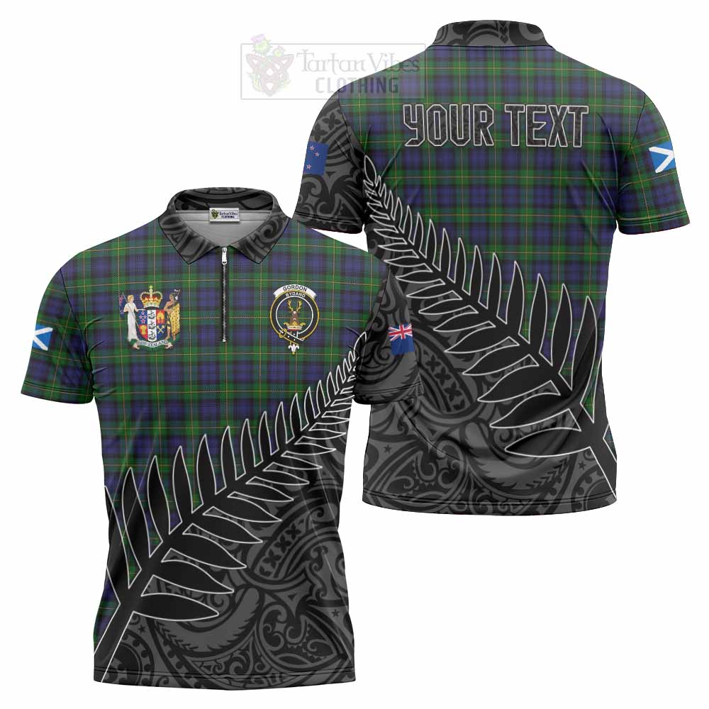 Tartan Vibes Clothing Gordon Crest Tartan Zipper Polo Shirt with New Zealand Silver Fern Half Style