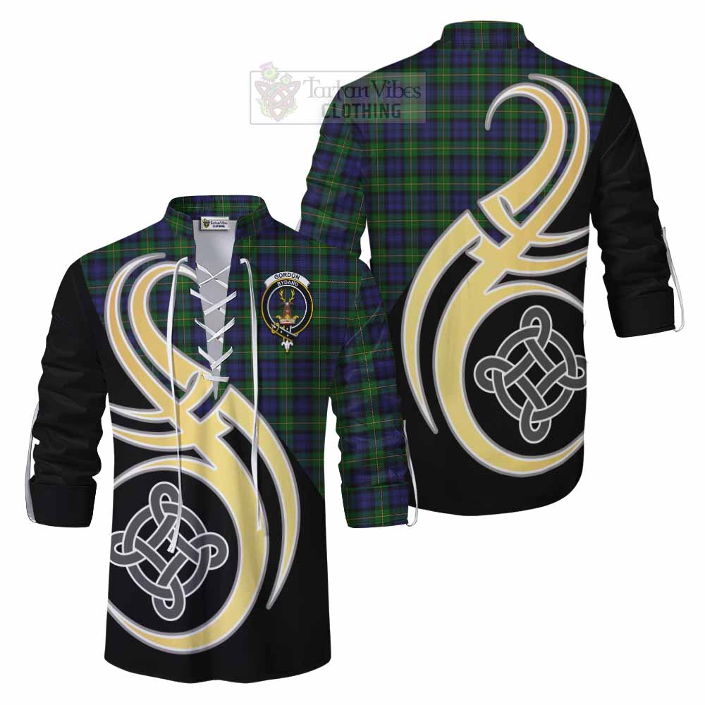 Tartan Vibes Clothing Gordon Tartan Ghillie Kilt Shirt with Family Crest and Celtic Symbol Style