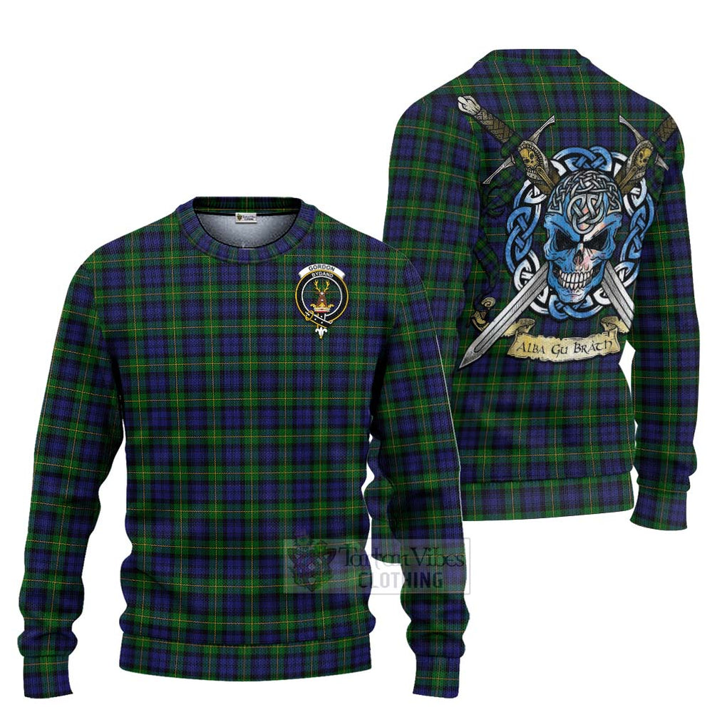 Tartan Vibes Clothing Gordon Tartan Knitted Sweater with Family Crest Celtic Skull Style