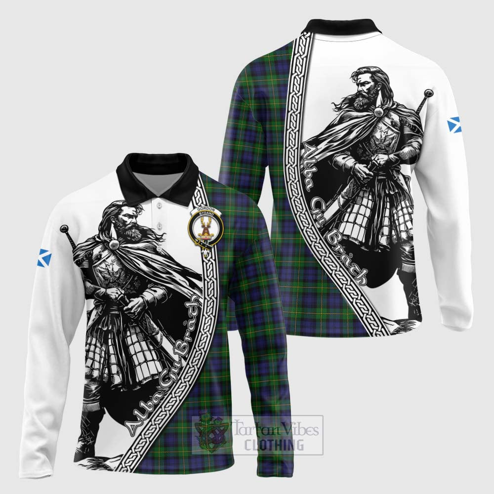 Tartan Vibes Clothing Gordon Tartan Clan Crest Long Sleeve Polo Shirt with Highlander Warrior Celtic Style