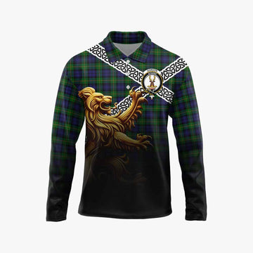 Gordon Crest Tartan Long Sleeve Polo Shirt with Golden Lion Emblem Celtic Style Unisex - Tartan Vibes Clothing