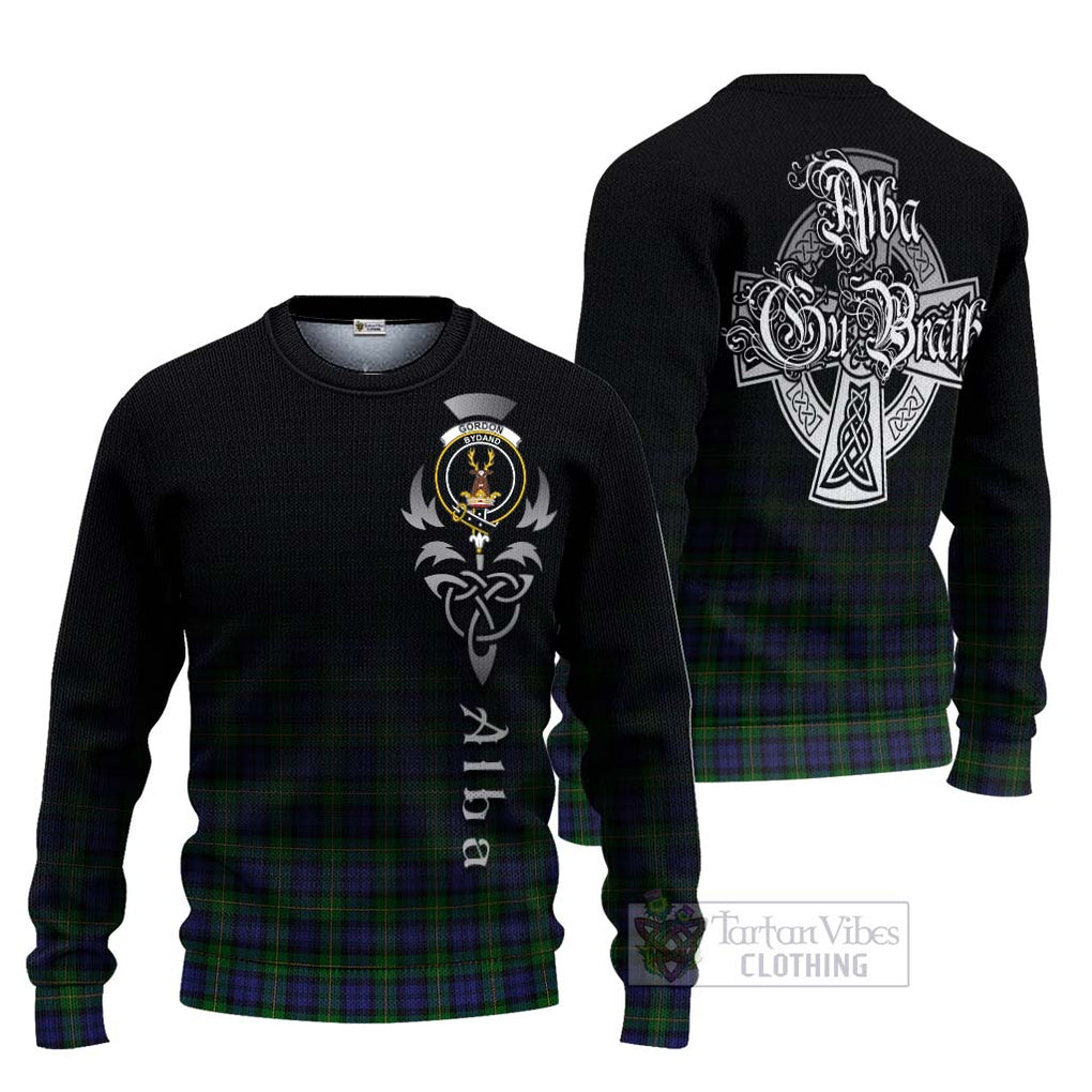 Tartan Vibes Clothing Gordon Tartan Knitted Sweater Featuring Alba Gu Brath Family Crest Celtic Inspired