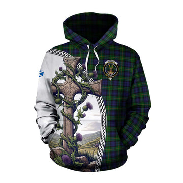 Gordon Tartan Cotton Hoodie with Family Crest and St. Andrew's Cross Accented by Thistle Vines