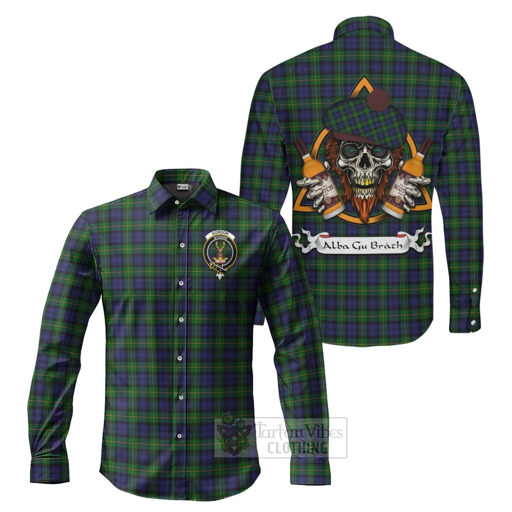 Tartan Vibes Clothing Gordon Tartan Long Sleeve Button Shirt with Family Crest and Bearded Skull Holding Bottles of Whiskey