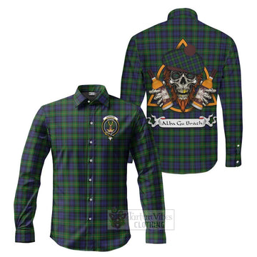 Gordon Tartan Long Sleeve Button Shirt with Family Crest and Bearded Skull Holding Bottles of Whiskey