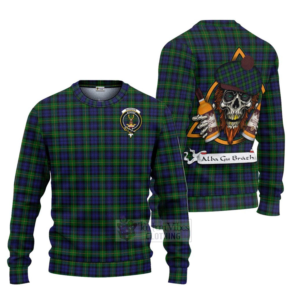 Tartan Vibes Clothing Gordon Tartan Knitted Sweater with Family Crest and Bearded Skull Holding Bottles of Whiskey