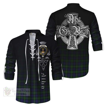 Gordon Tartan Ghillie Kilt Shirt Featuring Alba Gu Brath Family Crest Celtic Inspired