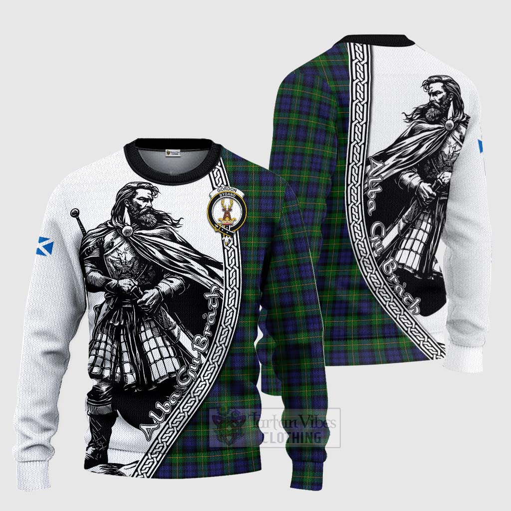 Tartan Vibes Clothing Gordon Tartan Clan Crest Knitted Sweater with Highlander Warrior Celtic Style