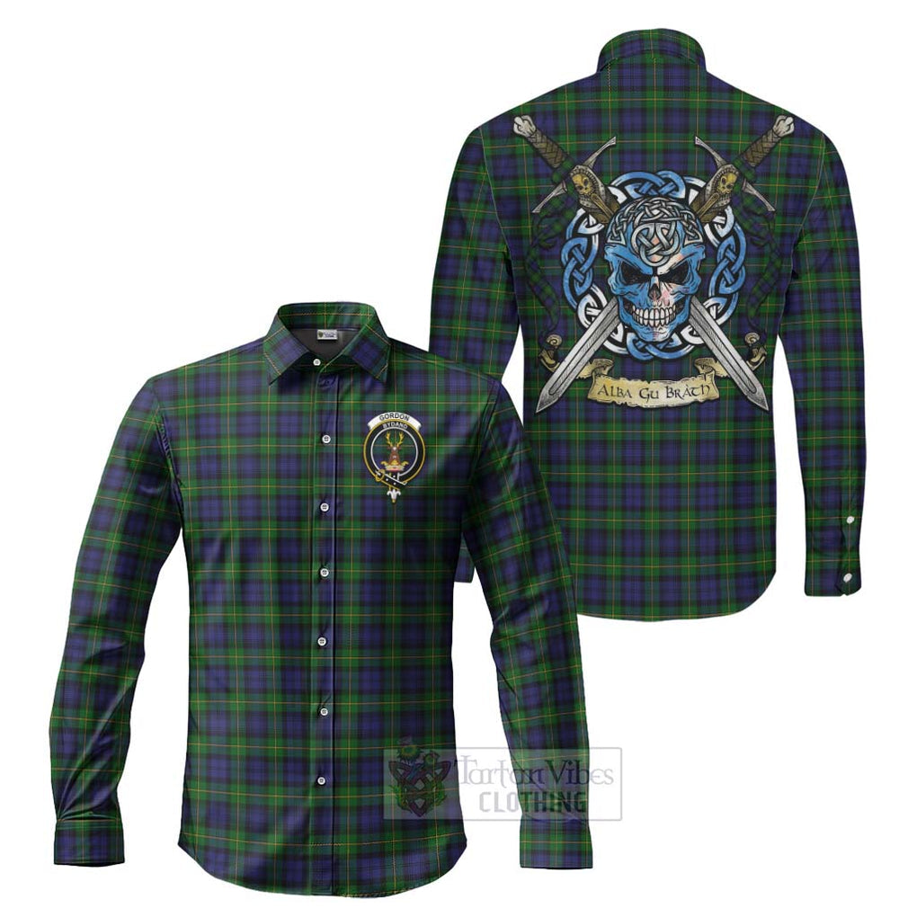 Tartan Vibes Clothing Gordon Tartan Long Sleeve Button Shirt with Family Crest Celtic Skull Style