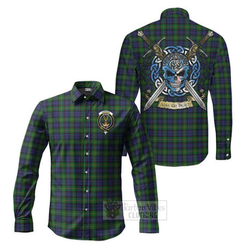 Gordon Tartan Long Sleeve Button Shirt with Family Crest Celtic Skull Style